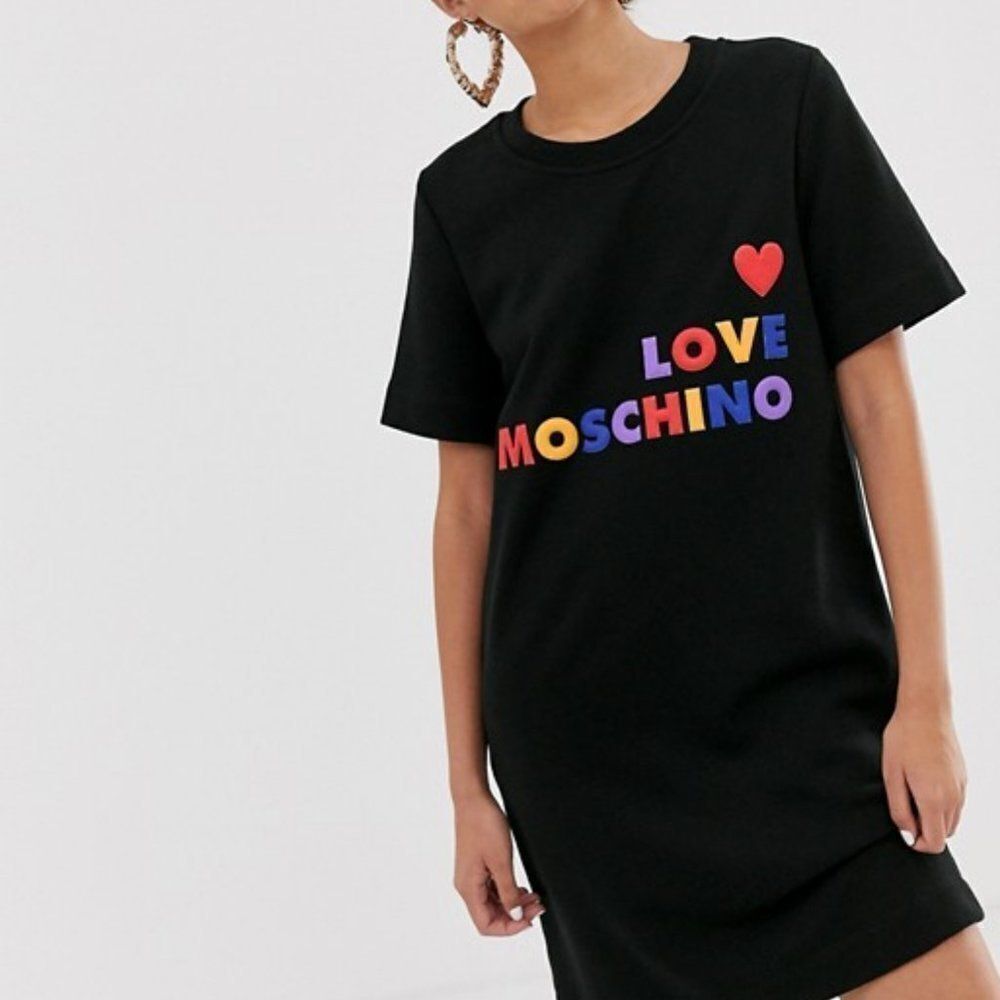 Love Moschino Rainbow Logo Heart Black Shirt Dress Size 4 NWT